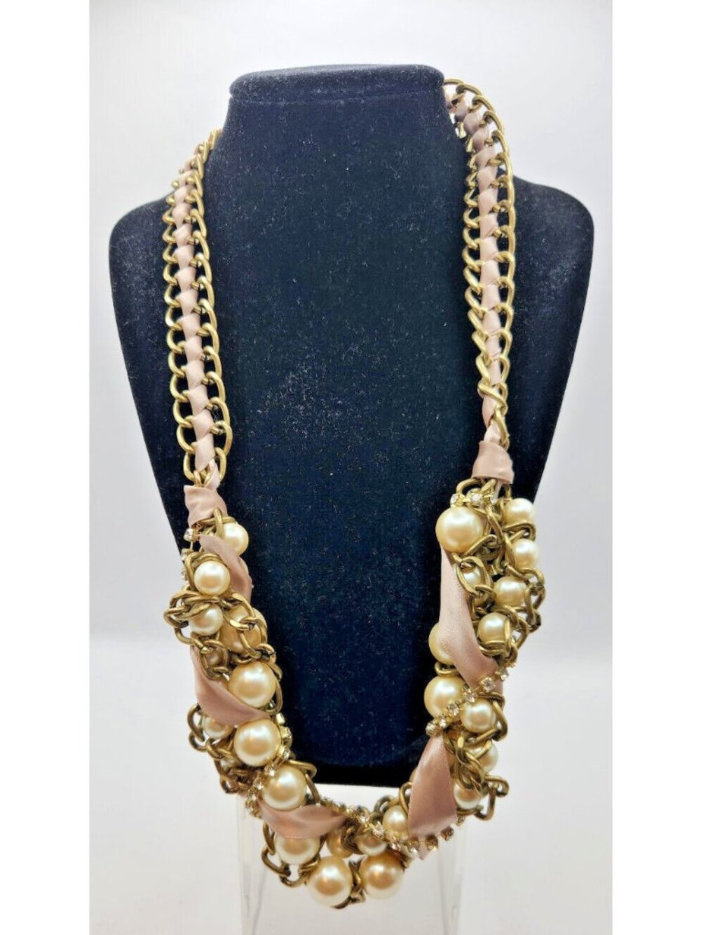 Chicos Jewelry Faux Pearl Goldtone Chain Necklace w Satin Ribbon 25" L USED